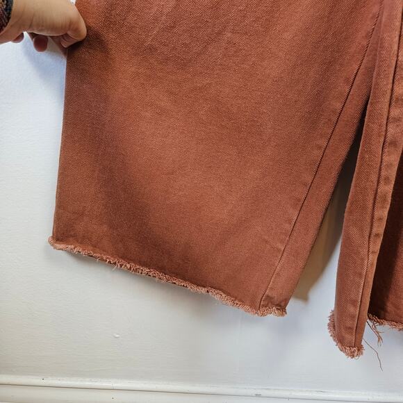 Wishlist Denim Wide Leg Overalls Jumpsuit L Rust Brown Cropped Raw Hem - Picture 4 of 12